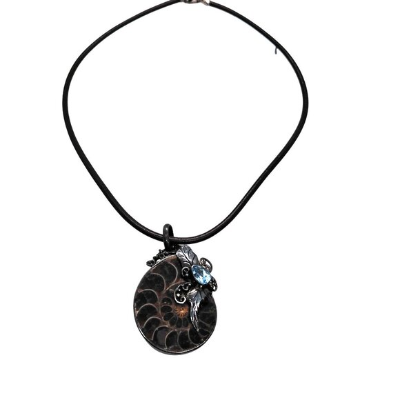 Ammonite slice on brown leather cord necklace - Picture 1 of 4